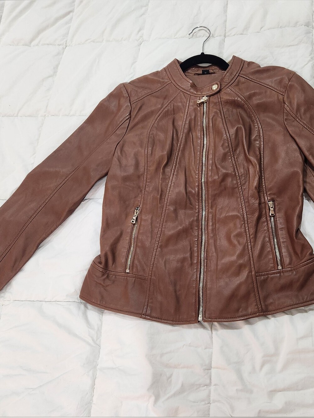 Guess Leather Jacket in  Brown with Gold Zippers Size Medium